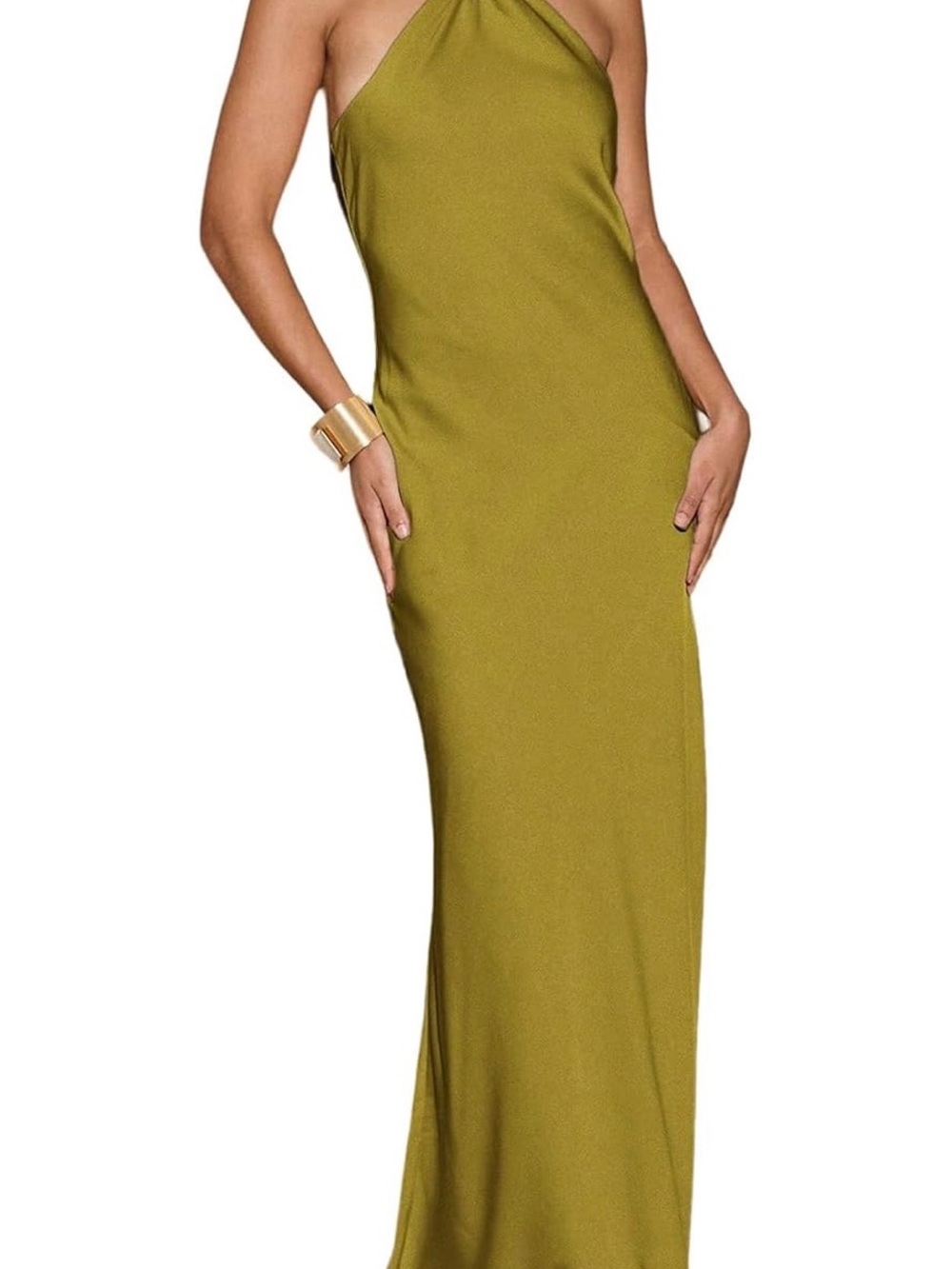 Women's Olive Halter Maxi Dress - Sleek Evening Gown